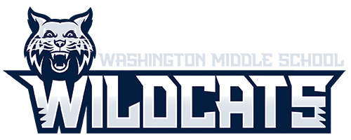 Image description: Blue silver and white Washington Middle School Wildcat logo with a ferocious face. Image description: Blue silver and white Washington Middle School Wildcat logo with a ferocious face.